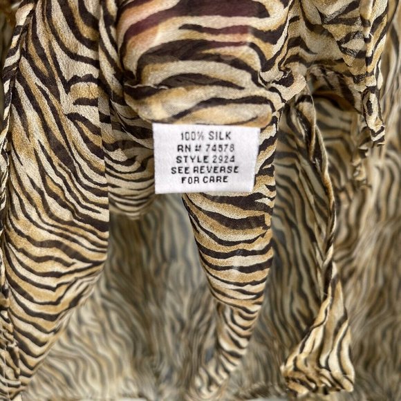 Cache Beige Animal Print 100% Silk Embellished V-Neck Sheer Blouse - Picture 6 of 7